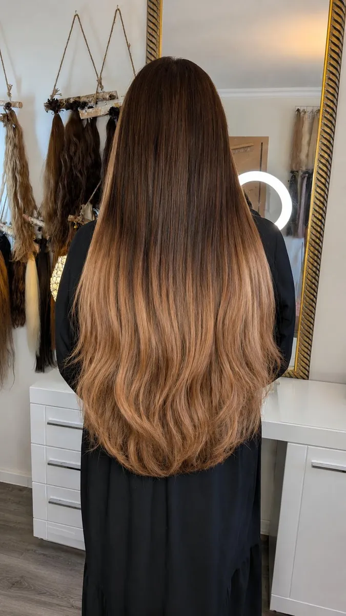 Lange braune Haarverlängerung mit warmem Karamell-Verlauf, Rückansicht im Studio