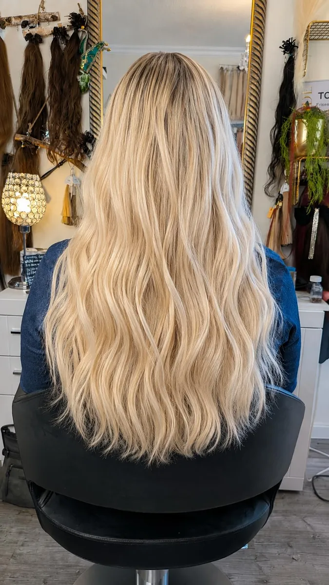 Helle blonde Beach-Waves nach der Haarverlängerung