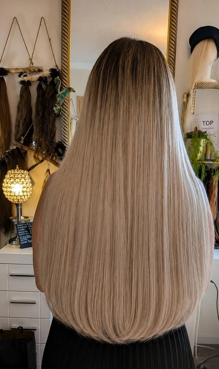 Glatte, aschblonde Haarverlängerung bis zur Taille